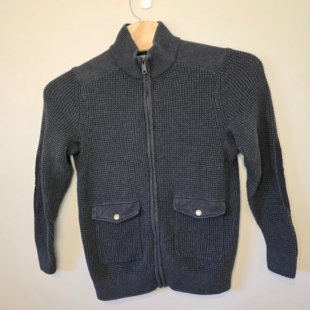 Duluth Trading Co Full Zip Sweater Mens M Grey Waffle Knit Elbow Patches Rugged